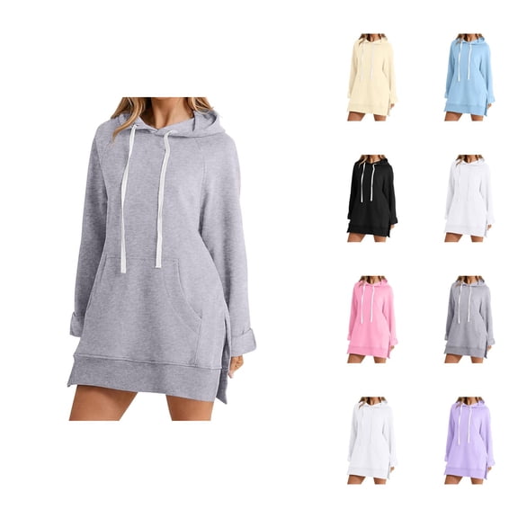 Hoodie Dress for Women 2026 Fall Winter Casual Long Sleeve Side Split Hem Hooded Sweatshirt Dress Pullover Top with Pockets
