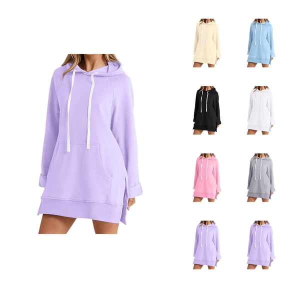 Hoodie Dress for Women 2026 Fall Winter Casual Long Sleeve Side Split Hem Hooded Sweatshirt Dress Pullover Top with Pockets