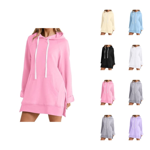 Hoodie Dress for Women 2026 Fall Winter Casual Long Sleeve Side Split Hem Hooded Sweatshirt Dress Pullover Top with Pockets