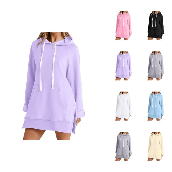 Hoodie Dress for Women 2026 Fall Winter Trendy Long Sleeve Side Slit Hem Hooded Sweatshirt Dress Pullover Top with Pockets