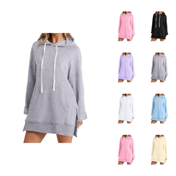 Hoodie Dress for Women 2026 Fall Winter Trendy Long Sleeve Side Slit Hem Hooded Sweatshirt Dress Pullover Top with Pockets