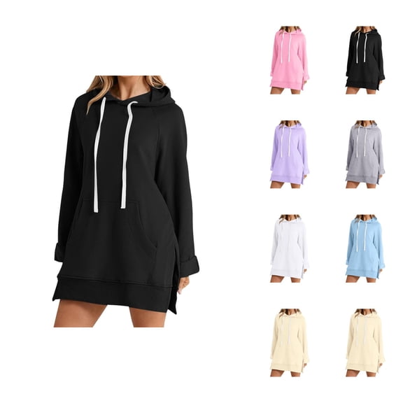 Hoodie Dress for Women 2026 Fall Winter Trendy Long Sleeve Side Slit Hem Hooded Sweatshirt Dress Pullover Top with Pockets