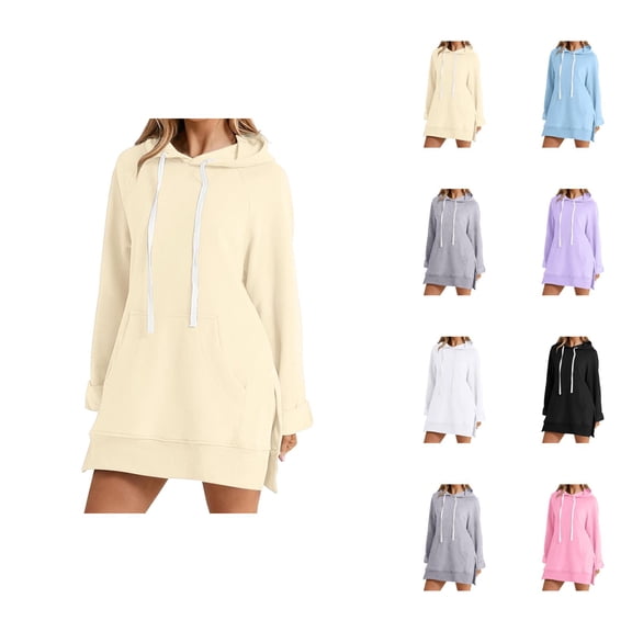 Hoodie Dress for Women 2026 Fall Winter Trendy Long Sleeve Side Slit Hem Hooded Sweatshirt Dress with Pockets Pullover Top
