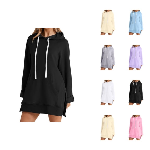 Hoodie Dress for Women 2026 Fall Winter Trendy Long Sleeve Side Slit Hem Hooded Sweatshirt Dress with Pockets Pullover Top