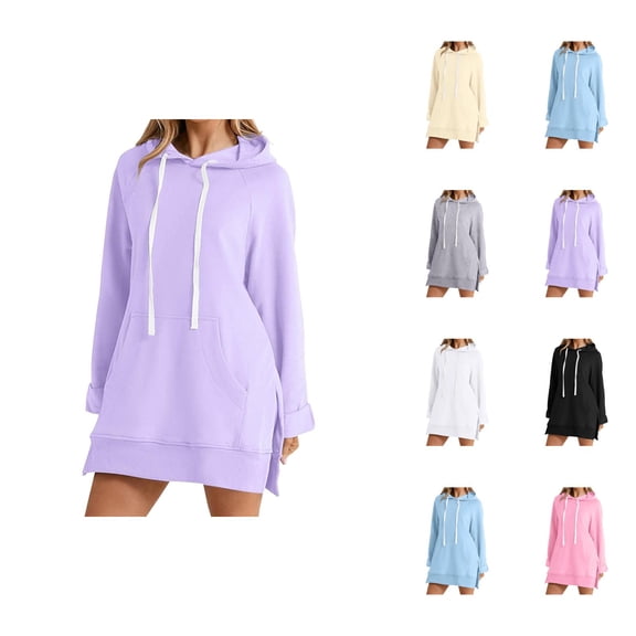 Hoodie Dress for Women 2026 Fall Winter Trendy Long Sleeve Side Slit Hem Hooded Sweatshirt Dress with Pockets Pullover Top