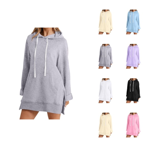 Hoodie Dress for Women 2026 Fall Winter Trendy Long Sleeve Side Slit Hem Hooded Sweatshirt Dress with Pockets Pullover Top