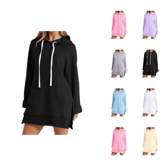 Hoodie Dress for Women 2026 Fall Winter Trendy Long Sleeve Side Split Hem Hooded Sweatshirt Dress Pullover Top with Pockets