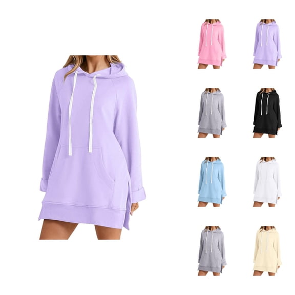 Hoodie Dress for Women 2026 Fall Winter Trendy Long Sleeve Side Split Hem Hooded Sweatshirt Dress Pullover Top with Pockets