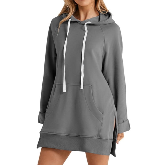Hoodie Dress for Women Oversized Casual Long Sleeve Split Hem Pullover Drawstring Casual Fall Loungewear with Pockets Gray XS