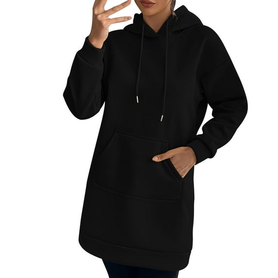 Hoodie Dresses for Women Long Sleeve Solid Color Hooded Sweatshirt Drawstring Dress With Pockets