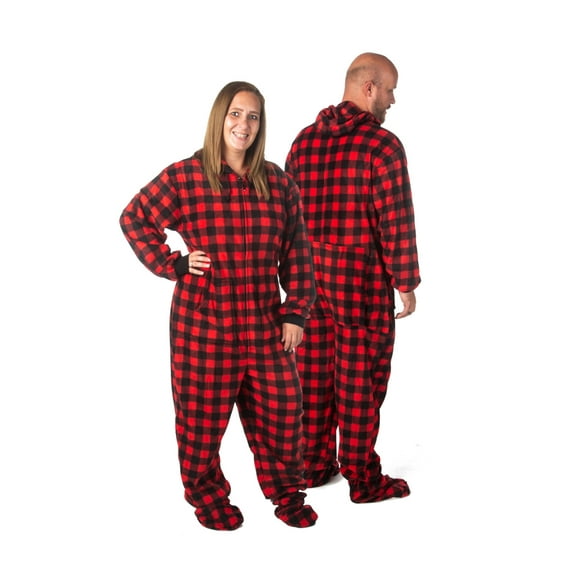 Hoodie Footed Buffalo Red Black Fleece Adult Onepiece Pajama with Drop Seat