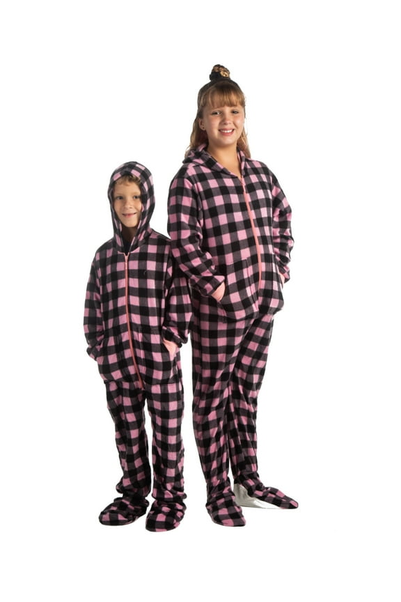 Hoodie Footed One Piece Buffalo Pink & Black Plaid Fleece Footed Pajamas for Girls