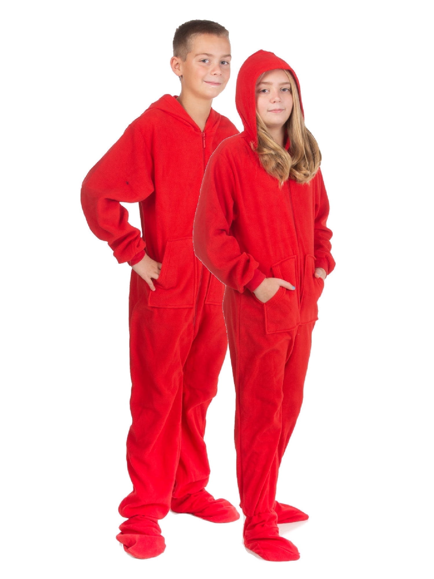 Big Feet Pjs Kids Red Fleece Hoodie Footed Onesie Pajamas for Boys & Girls Size 8