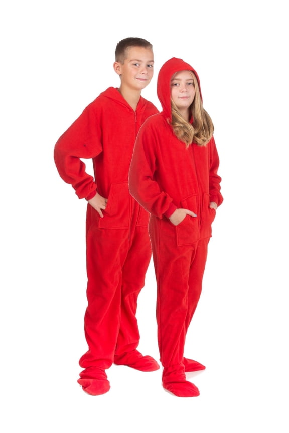 Big Feet Pjs Kids Red Fleece Hoodie Footed Onesie Pajamas for Boys & Girls Size 10