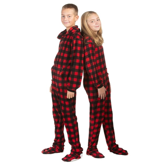 Big Feet Pajama Co. Kids Unisex Hoodie Footed Fleece Pajamas, Buffalo Plaid, Red Size 14