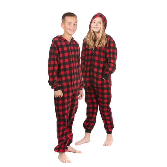 Big Feet Pjs Kids’ Buffalo Plaid Fleece Hoodie One‑Piece Pajama Jumpsuit, Red/Black, Size 16