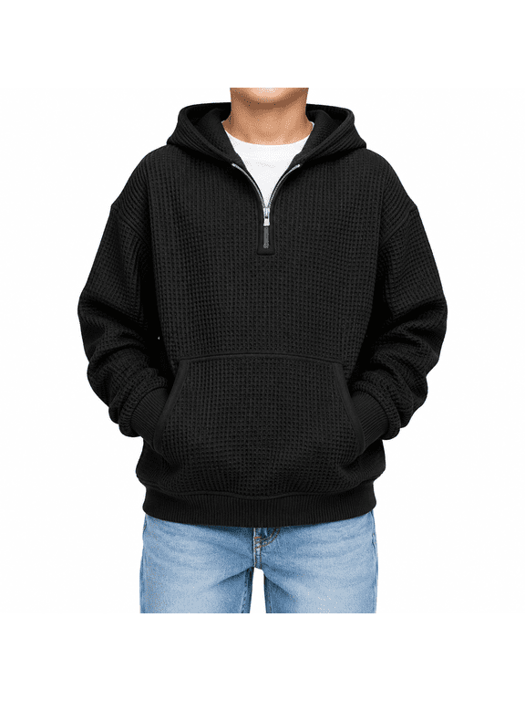Hoodie For Boys Waffle Knit Quarter Zip Long Sleeve Hooded Sweatshirt With Pocket Kids Boy Fall Pullovers Teens Preppy Clothes Black Size 8-10 Years