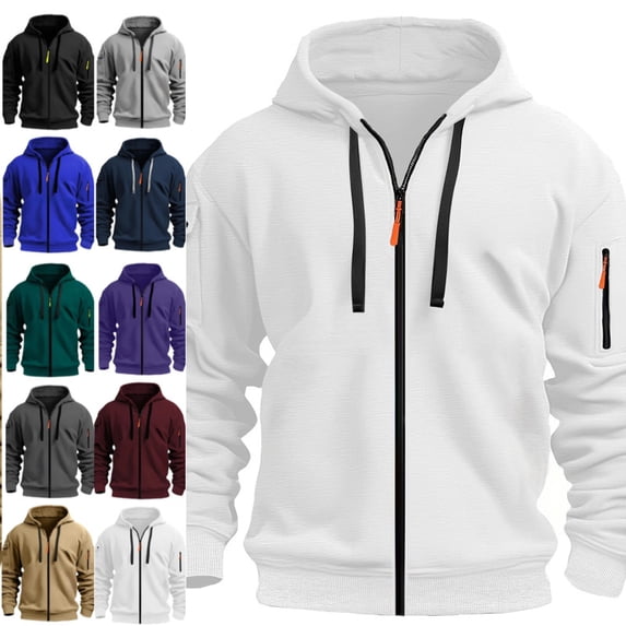 Hoodie For Men Full Zip Up Sweatshirts Long Sleeve Oversized Pullovers With Zipper Pockets Casual Fall Winter Coat White M