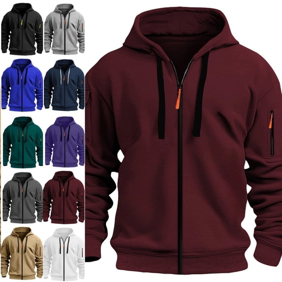 Hoodie For Men Full Zip Up Sweatshirts Long Sleeve Oversized Pullovers With Zipper Pockets Casual Fall Winter Coat Wine XL