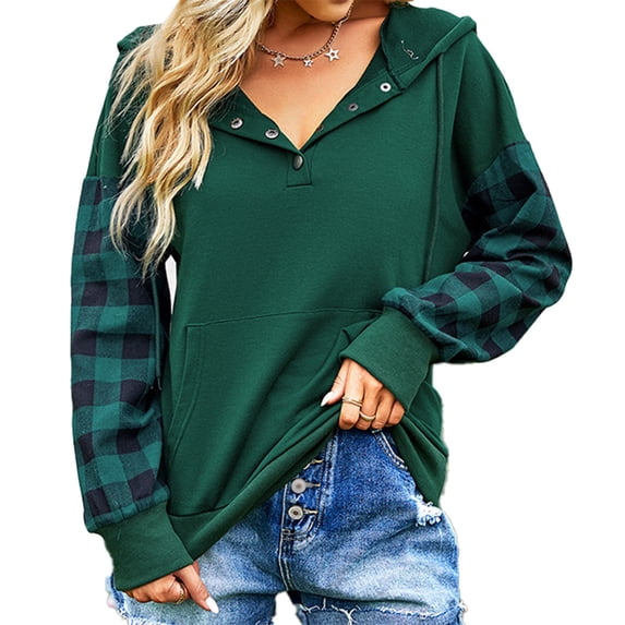 Hoodie Grid Long Sleeve V Neck Drawstring Button Pocket Casual Fashionable Tops for Women Green XL