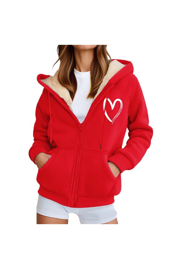 Hoodie Jacket for Women, Yigetop Womens Fleece Lined Zip Up Hoodie Thermal Warm Pullover Sweatshirts Love Heart Print Sweaters Cute Tops Fleece Jacket Women Red 3XL