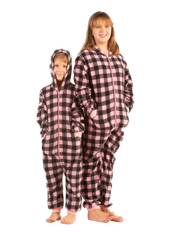 Hoodie Jumpsuit Pajama in Pink & Black Checkered Buffalo Plaid Fleece for Girl & Boys