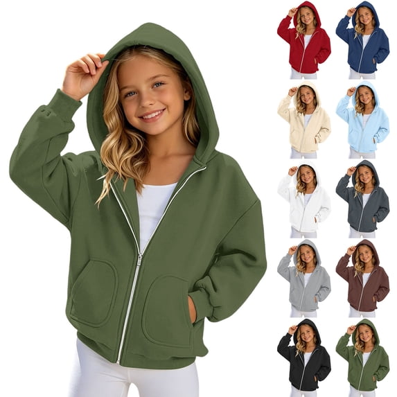 Hoodie Kids Long Sleeve Unisex Zip up Jacket Hoodie Casual Loose Fit Tops Green Sweatshirts Size 4-15 Years