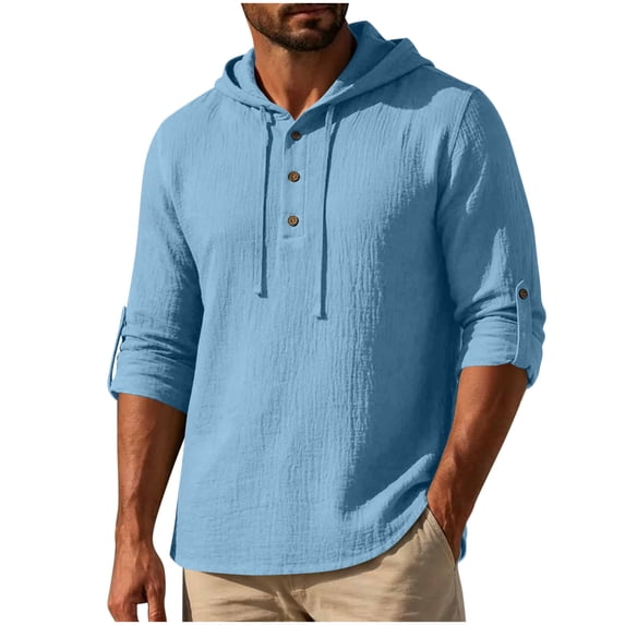 Hoodie Long Sleeve Shirts for Men Cotton Linen Solid Color Buttons Drawstring Casual Top Summer Vintage Fashion Comfort Loose Pullover Shirt
