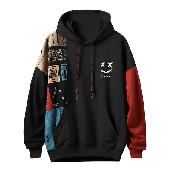 Hoodie Men Fall Patchwork Hoodie With Front Pocket Long Sleeve Drawstring Sweatshirts Mens Sweatshirt b L