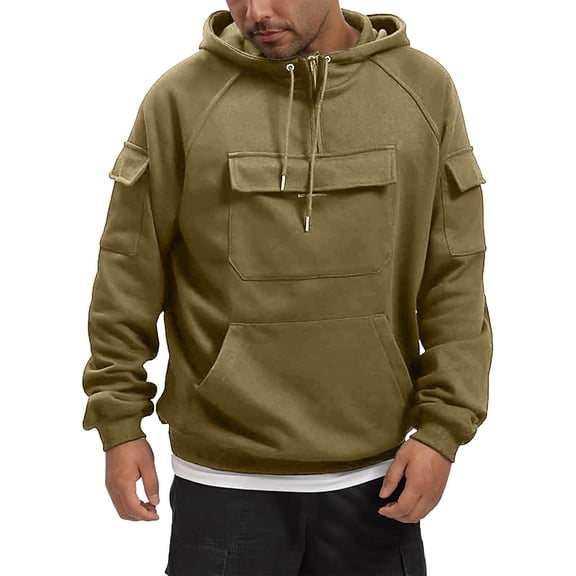 Hoodie,Men Quarter Zip Hooded Sweatshirt Workwear Large Pocket Pullover Comfortable for Outdoor Activities,Men's Fashion Hoodies & Sweatshirts,03 Khaki,XL
