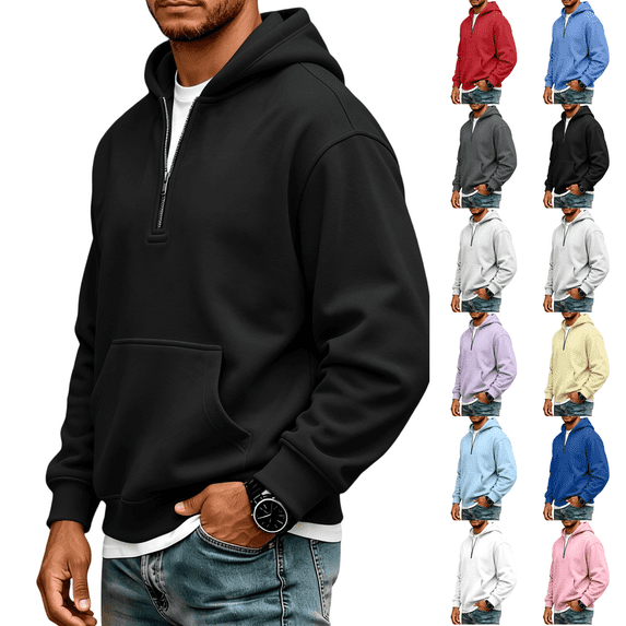 Hoodie Mens Quarter Zip Pullover Basic Sweatshirt Men Drawstring Hooded with Plain Elastic Hem 1/4 Zip Sweatshirt Black XL