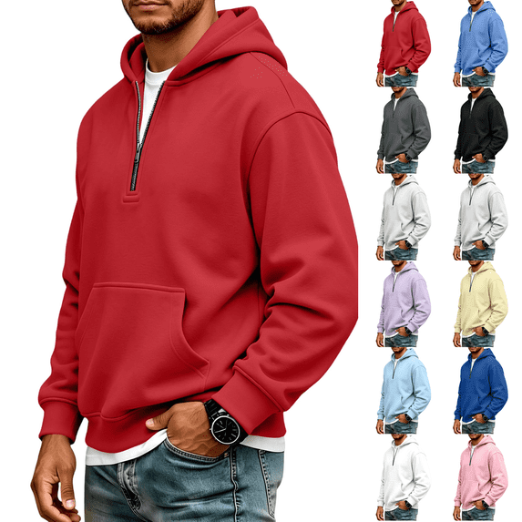 Hoodie Mens Quarter Zip Pullover Basic Sweatshirt Men Drawstring Hooded with Plain Elastic Hem 1/4 Zip Sweatshirt Red L