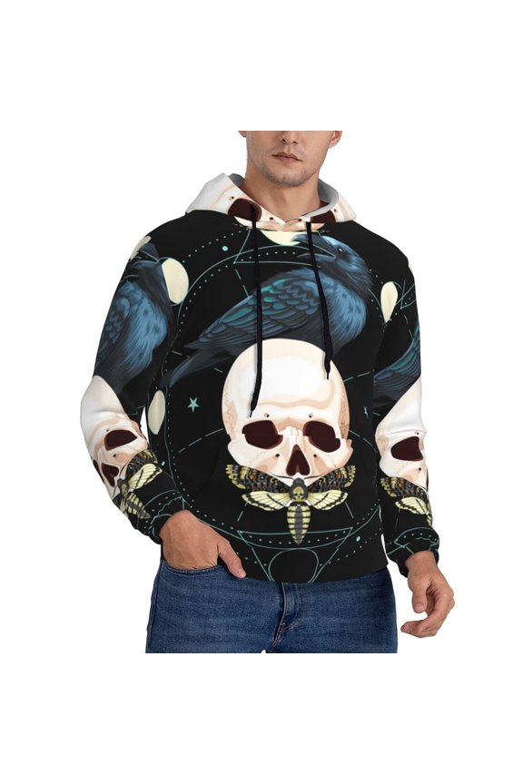 Hoodie Novelty Sweatshirt Pullover Hoodies for Men, Black Raven Skull Moth Moon
