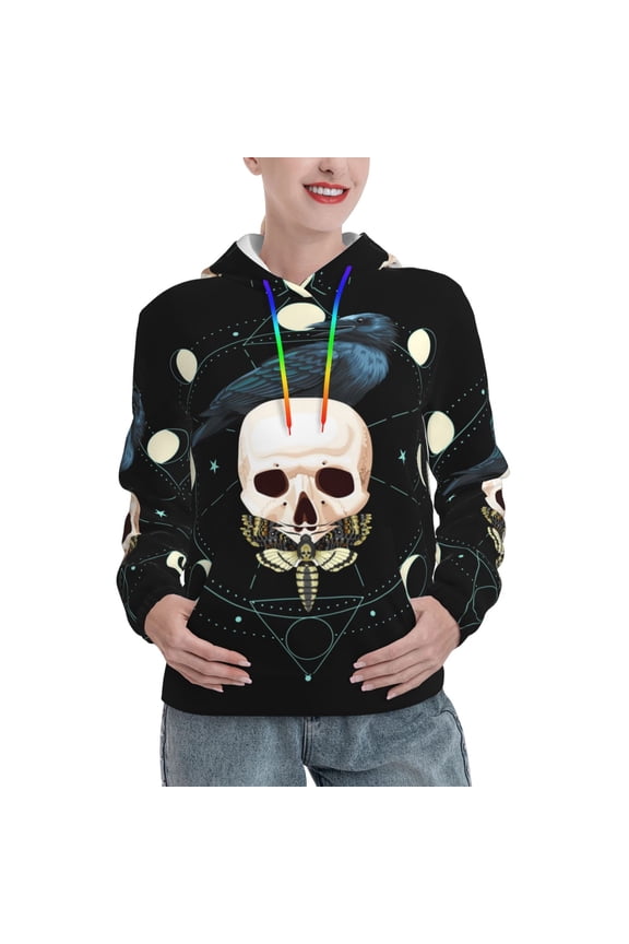 Hoodie Novelty Sweatshirt Pullover Hoodies for Women, Black Raven Skull Moth Moon