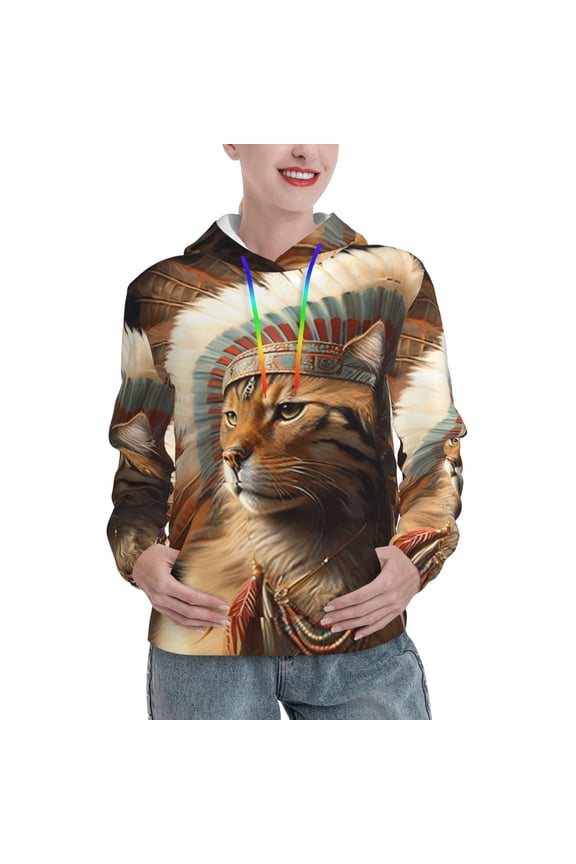 Hoodie Novelty Sweatshirt Pullover Hoodies for Women, Chief Cat Native American Indians
