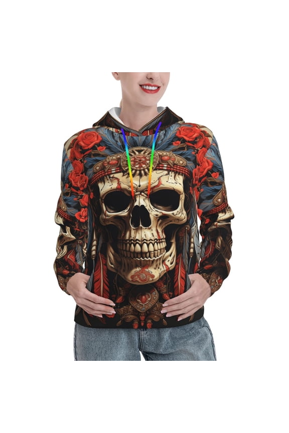 Hoodie Novelty Sweatshirt Pullover Hoodies for Women, Indian Native American Skull Feather Art
