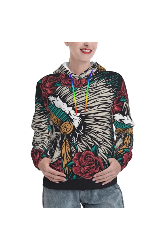 Hoodie Novelty Sweatshirt Pullover Hoodies for Women, Wild West Vintage Indian Skull Rose