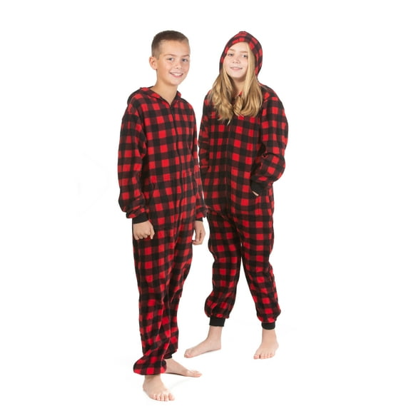 Big Feet Pjs Kids’ Buffalo Plaid Fleece Hoodie One‑Piece Pajama Jumpsuit, Red/Black, Size 12