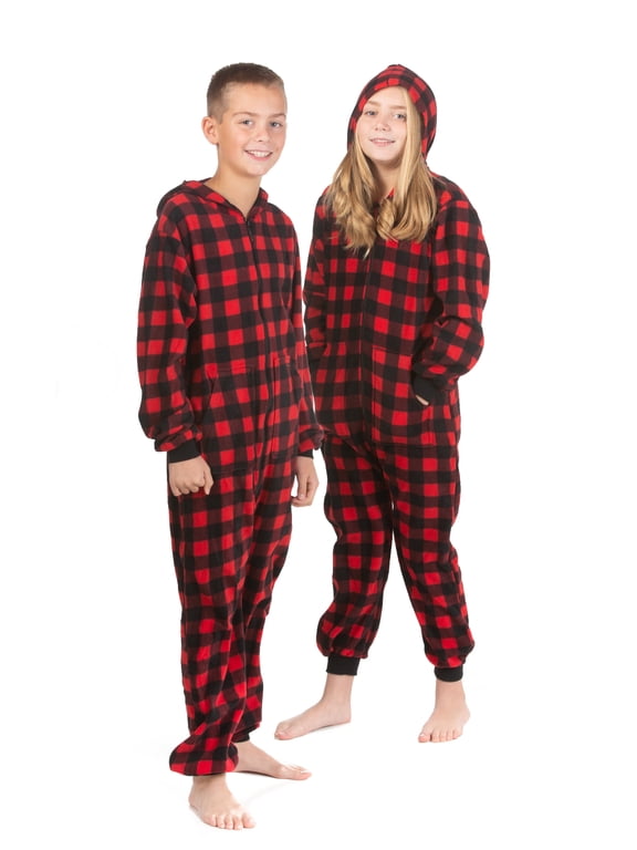 Big Feet Pjs Kids’ Buffalo Plaid Fleece Hoodie One‑Piece Pajama Jumpsuit, Red/Black, Size 12