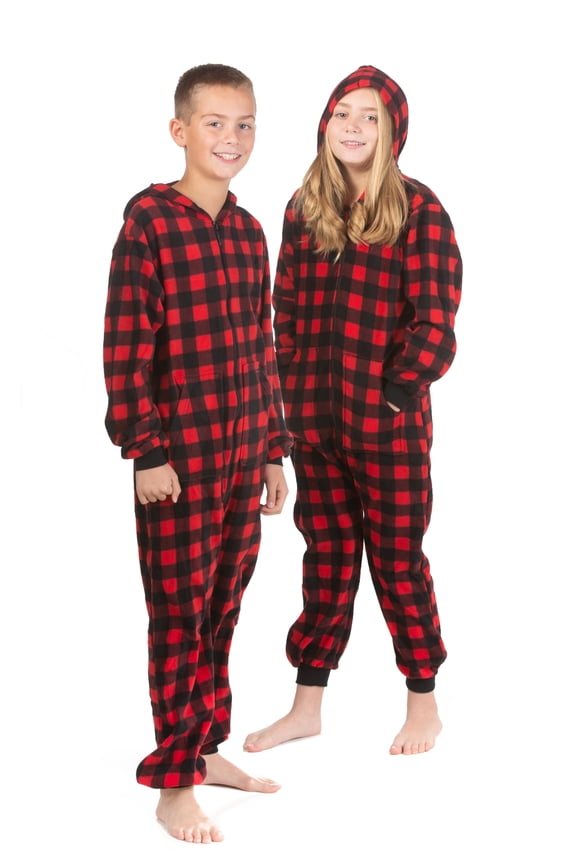 Big Feet Pjs Kids’ Buffalo Plaid Fleece Hoodie One‑Piece Pajama Jumpsuit, Red/Black, Size 12