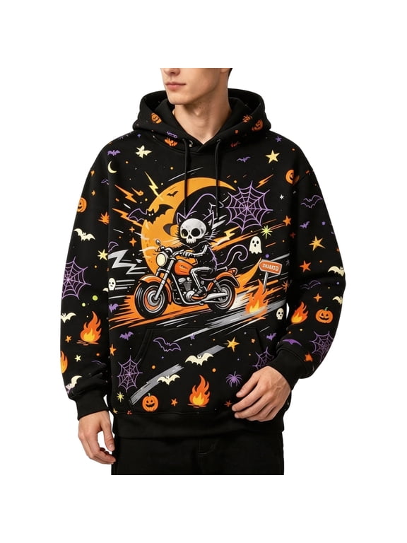 Hoodie Pumpkin Ghost Sweatshirts Halloween Hooded Sweatshirts Mens Novelty Halloween Print Long Sleeve Shirts Black1 XL