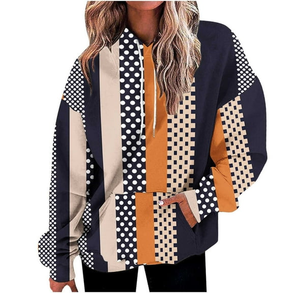 Hoodie Sports Tops for Women Long Sleeve Round Neck Striped Print Fitting Casual Loose Fall Sweatshirt Plus Size Tops,Brown,4XL