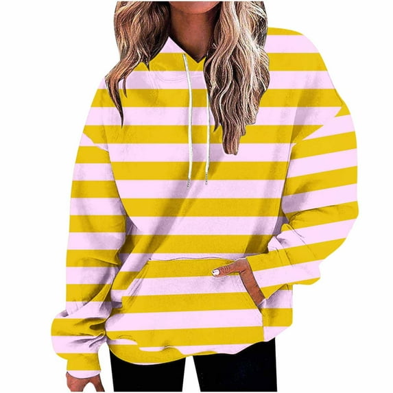 Hoodie Sports Tops for Women Long Sleeve Round Neck Striped Print Fitting Casual Loose Fall Sweatshirt Plus Size Tops,Yellow 1,XL