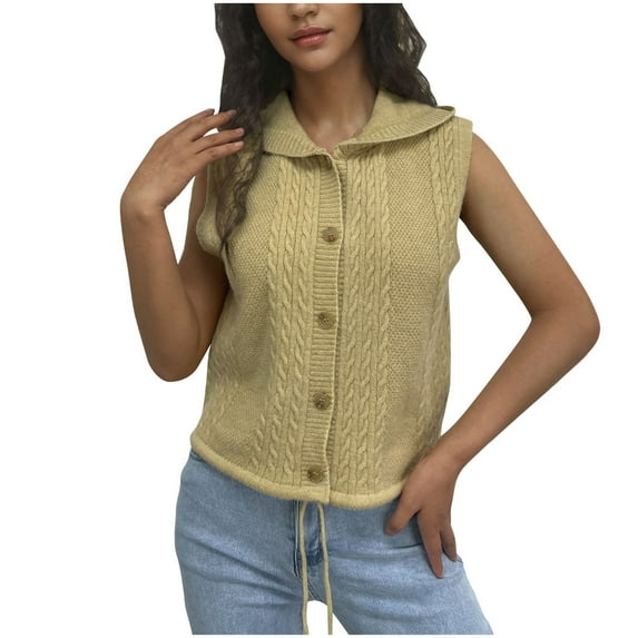 Hoodie Sweater Vest Women Cable Knit Button Down Wool Hooded Cardigan Sleeveless Drawstring Casual Fall Waistcoat, Yellow, L