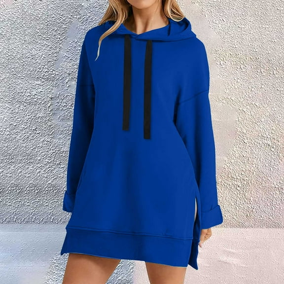 Hoodie Sweatshirt Dress, Knee Length Long Pullover with Split, Plush Material for Fall & Winter, Blue L, Size S-XXL