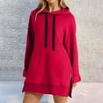thumbnail image 1 of Hoodie Sweatshirt Dress, Knee Length Long Pullover with Split, Plush Material for Fall & Winter, Red M, Size S-XXL, 1 of 7