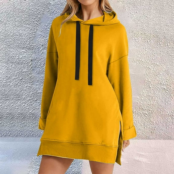 Hoodie Sweatshirt Dress, Knee Length Long Pullover with Split, Plush Material for Fall & Winter, Yellow L, Size S-XXL