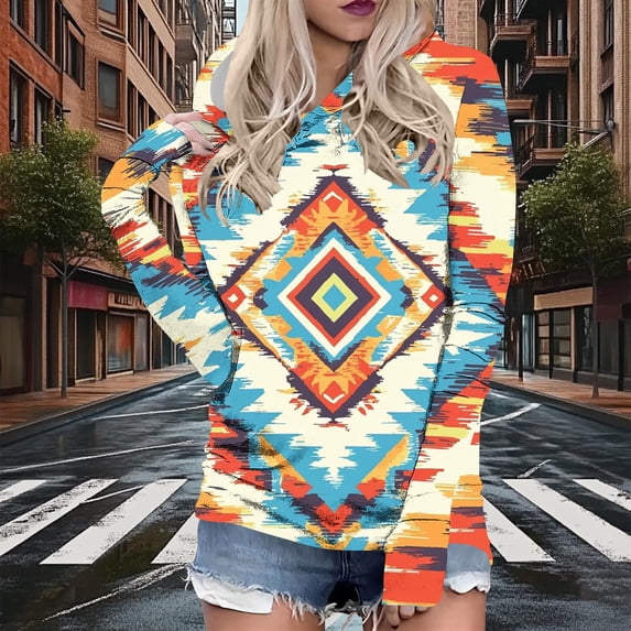 Hoodie Sweatshirt for Women Southwestern Tribal Geometric Print Graphic Long Sleeve Relaxed Fit Pullover with Drawstring Casual Daily Clothes Top