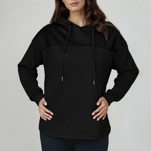 Hoodie Sweatshirt for Women Black Waffle Hoodie Womens Long Sleeve Womens Pullover Sweatshirt Baggy Hoodie L