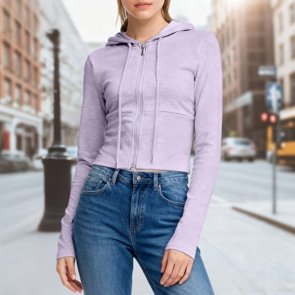 Hoodie Woman Purple Zip Up Cropped Hoodie Casual Long Sleeve Womens Pullover Sweatshirt Hoodies Cute L
